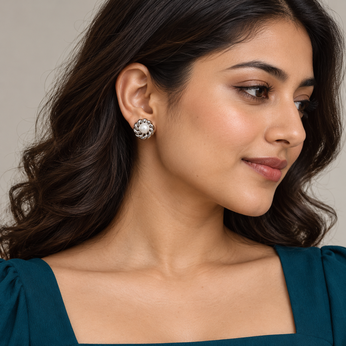 Silver Pearl Circle Earrings - Model