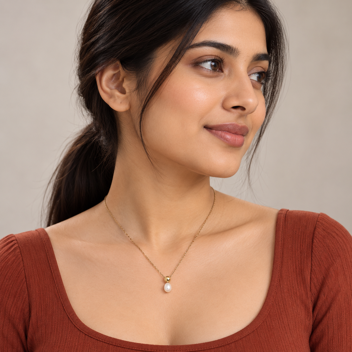 Petite Pearl Drop Necklace - Model