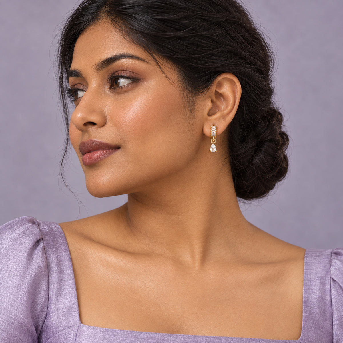 Baguette Crystal Teardrop Earrings worn by model