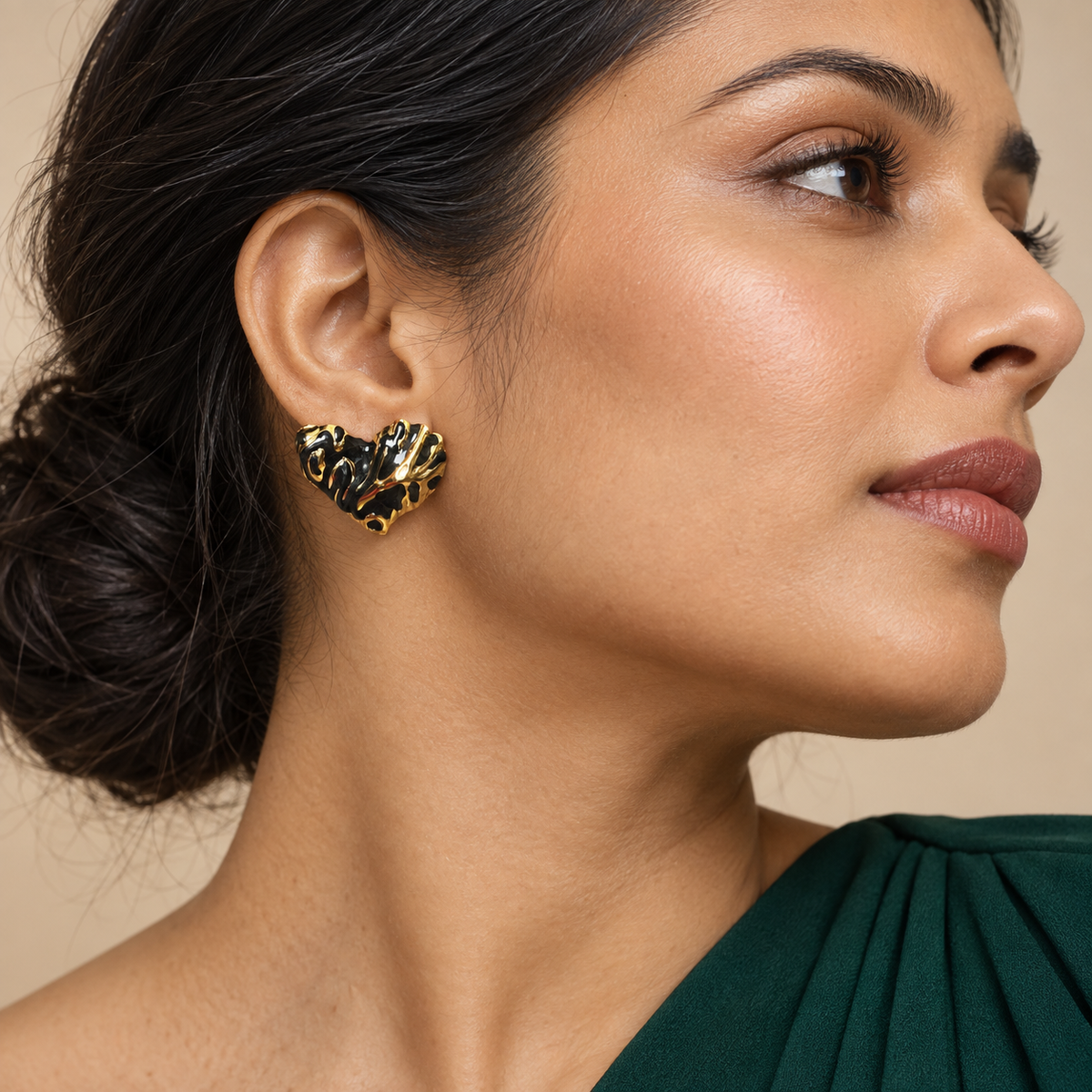 Black Molten Heart Stud Earrings - Model