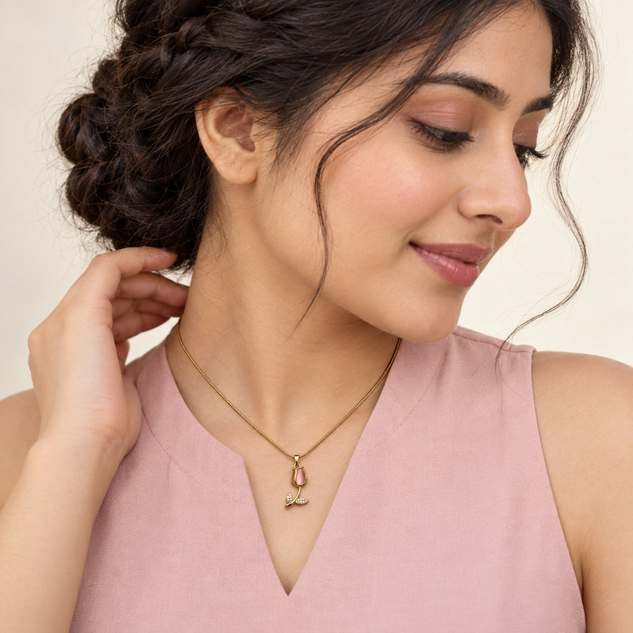 Blush Tulip Pendant Necklace worn by model