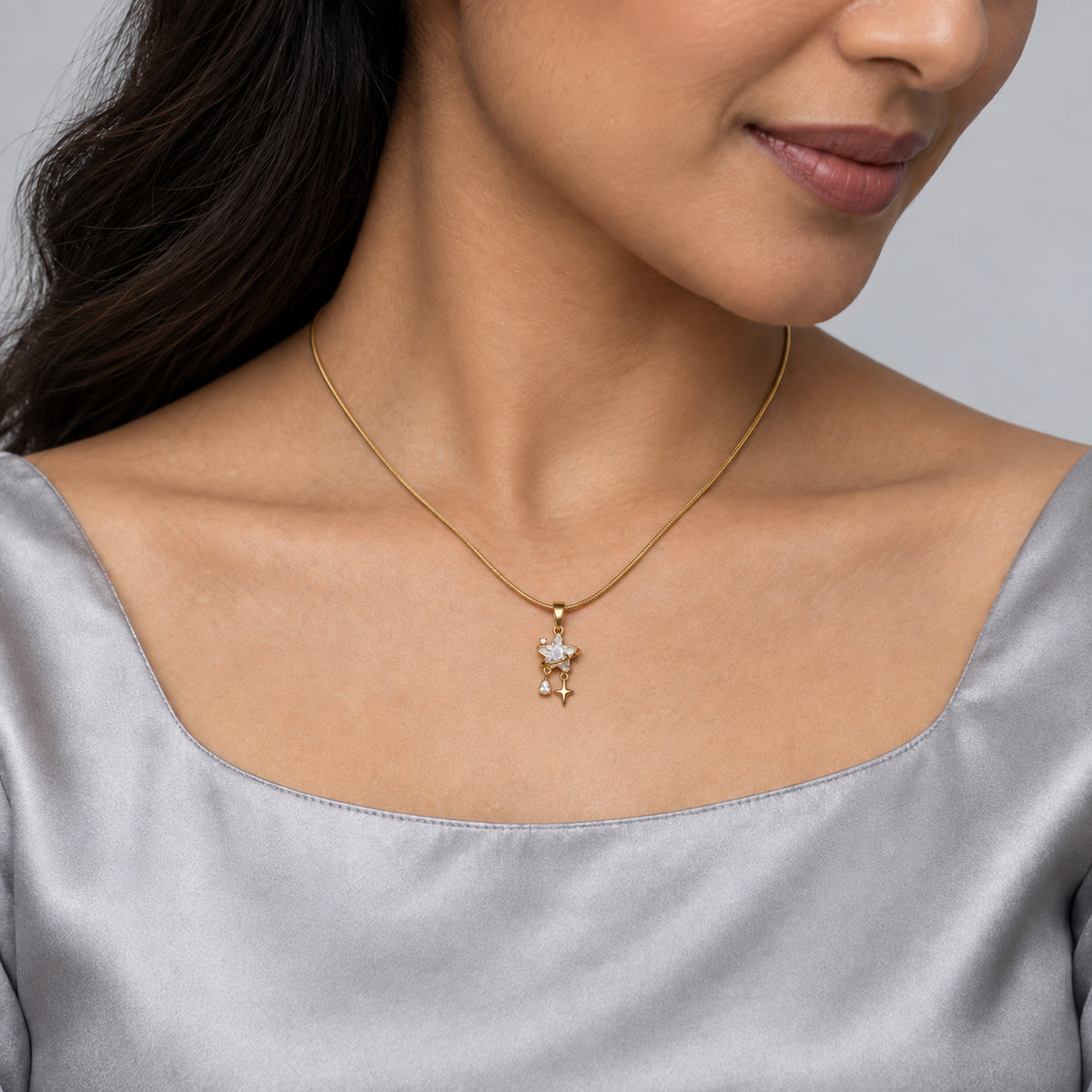 Celestial Star Orbit Pendant Necklace worn by model