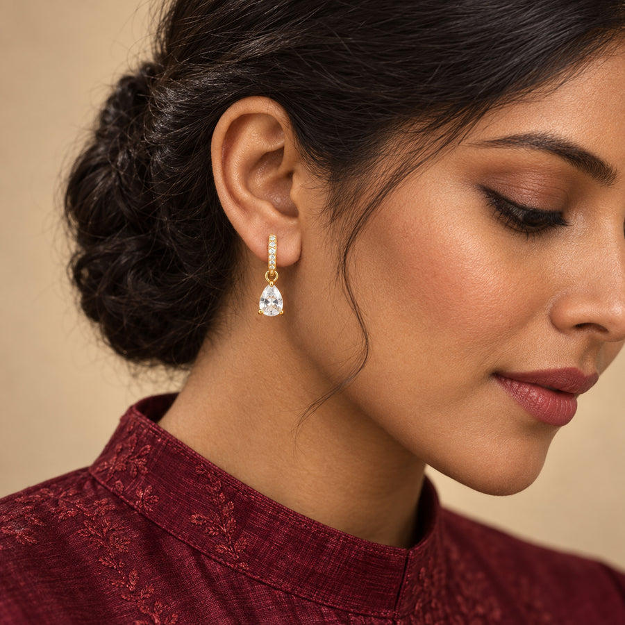 Clear Zircon Teardrop Earrings worn by model