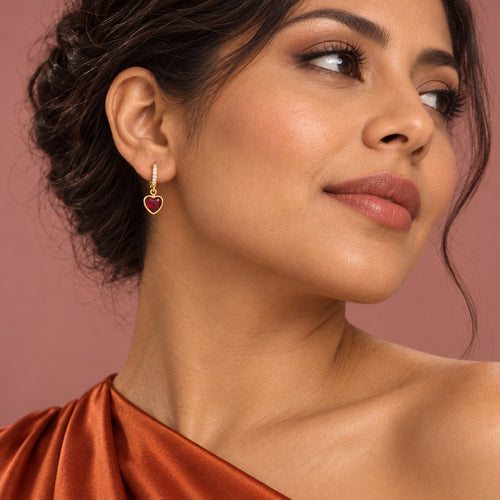 Crimson Heart Drop Earrings worn by model