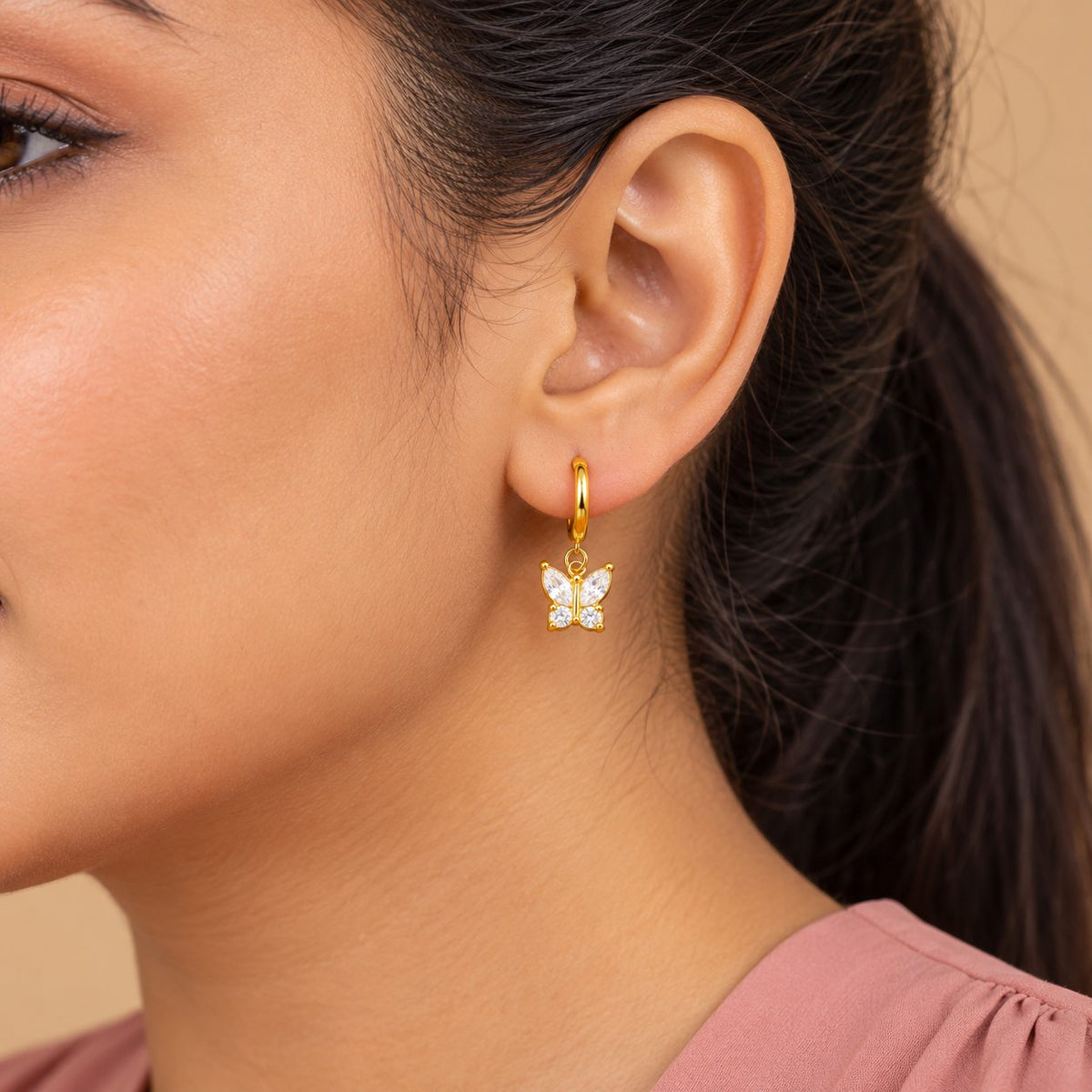 Crystal Butterfly Hoop Earrings - Model