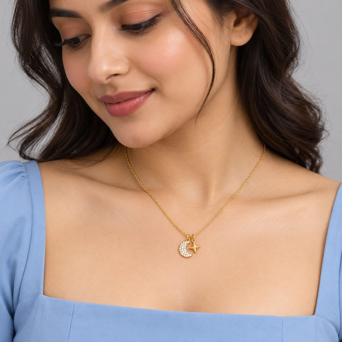 Crystal Crescent and Star Necklace - Model