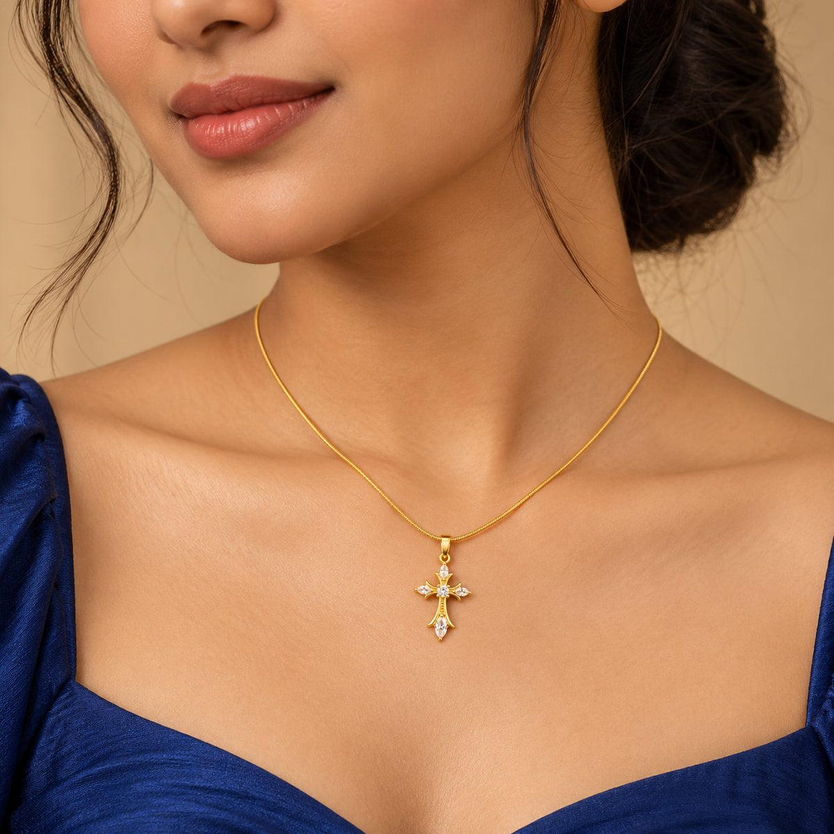 Crystal Fleur Cross Necklace - Model