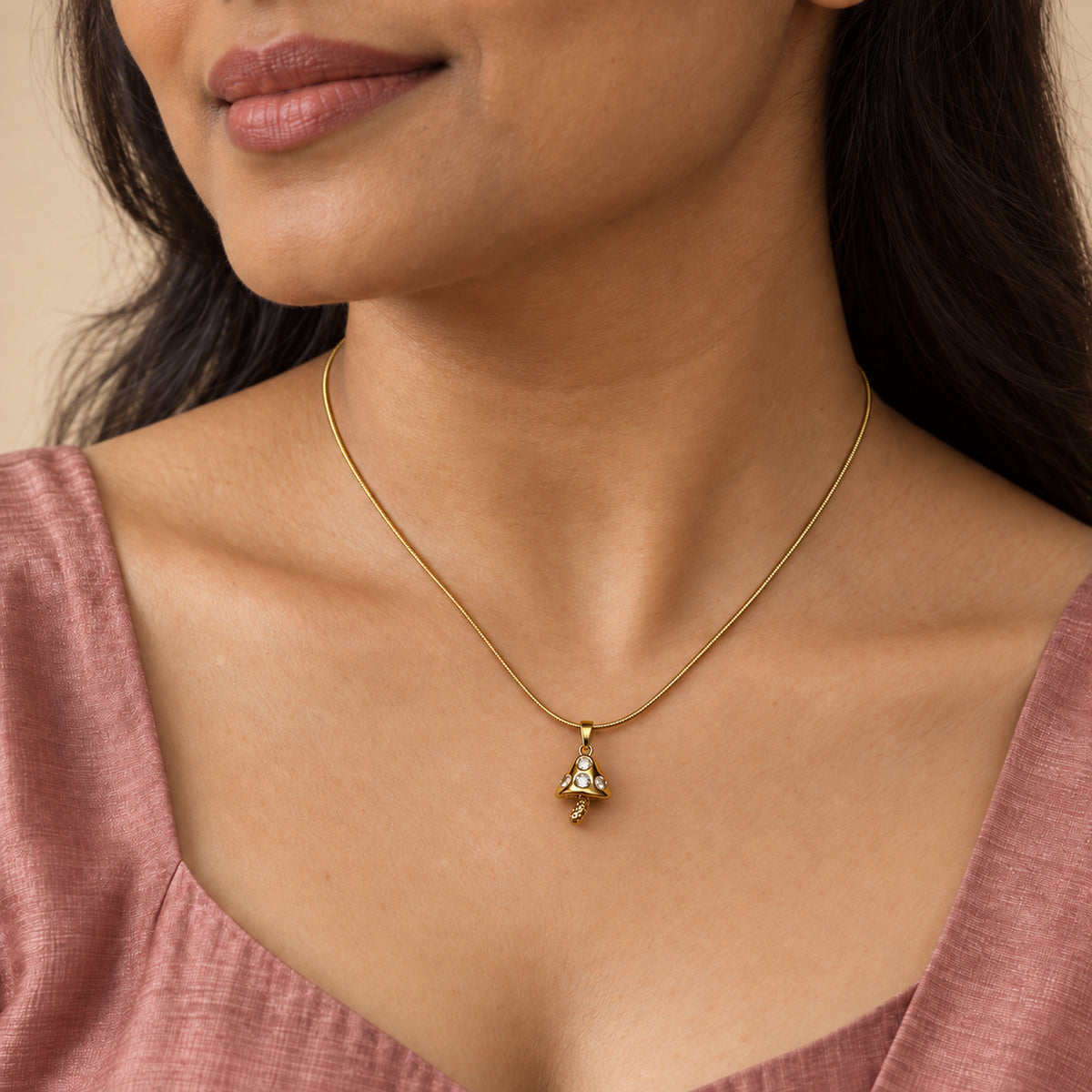 Crystal Mushroom Pendant Necklace worn by model