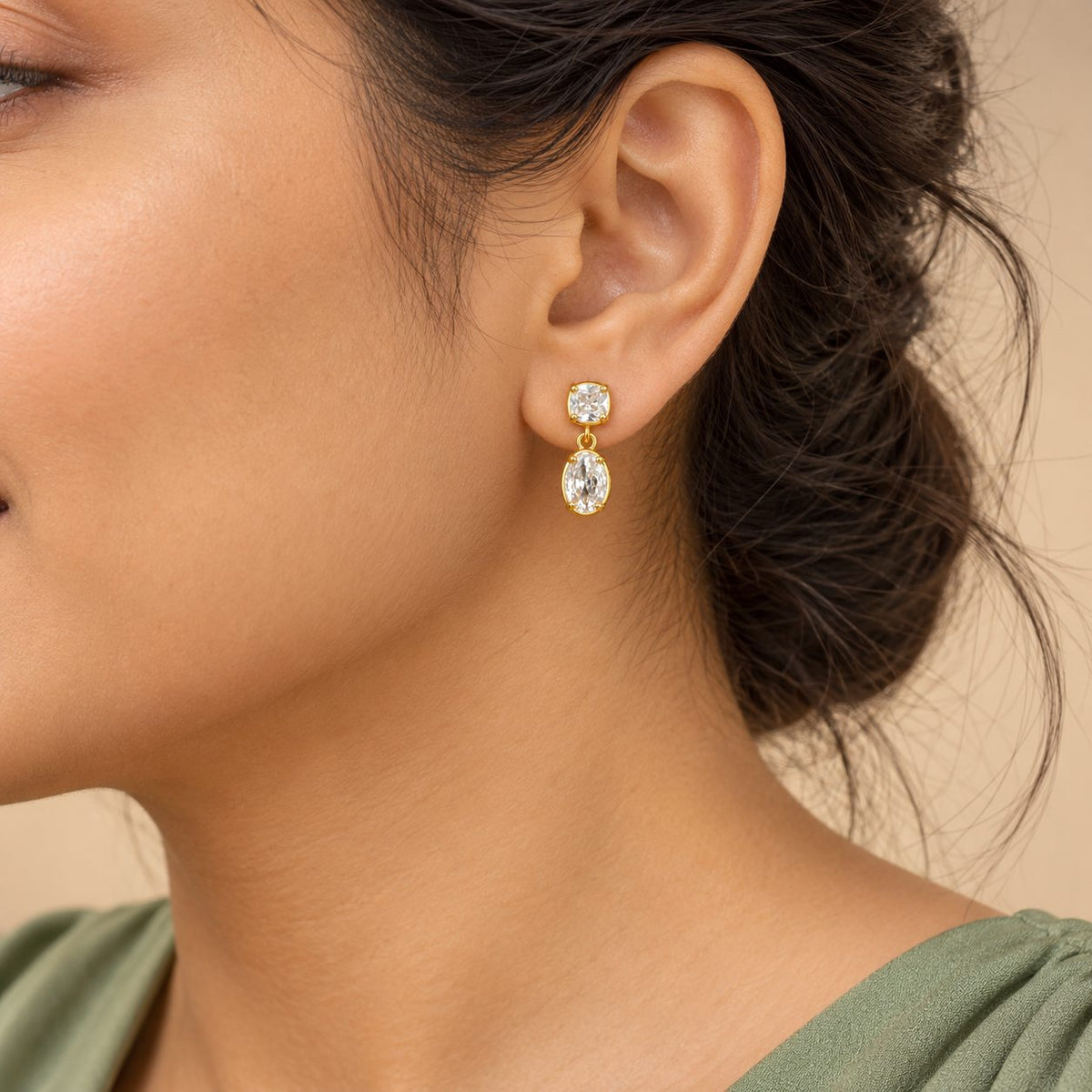Cushion and Oval Crystal Drop Earrings - Model