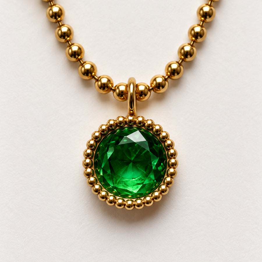 Emerald Beaded Halo Pendant Necklace detail view