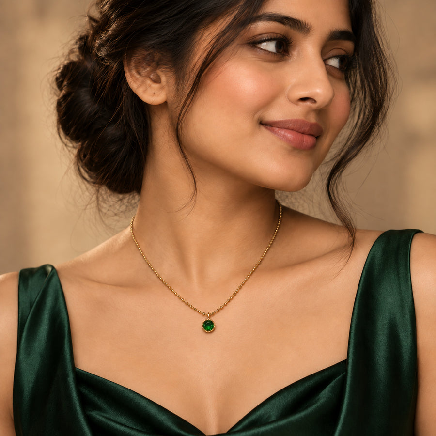 Emerald Beaded Halo Pendant Necklace worn by model