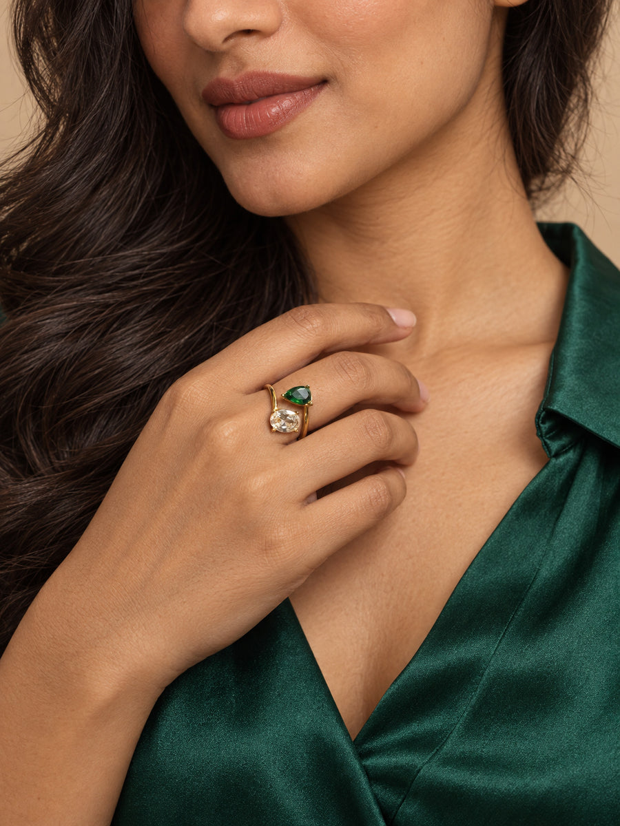 Emerald Crystal Duo Open Ring