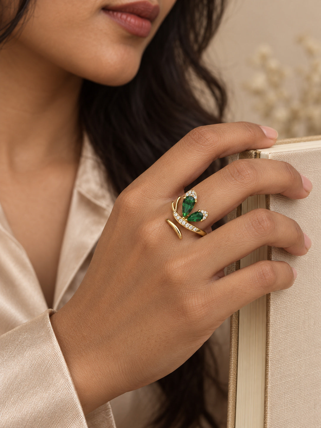 Emerald Dragonfly Statement Ring worn by model