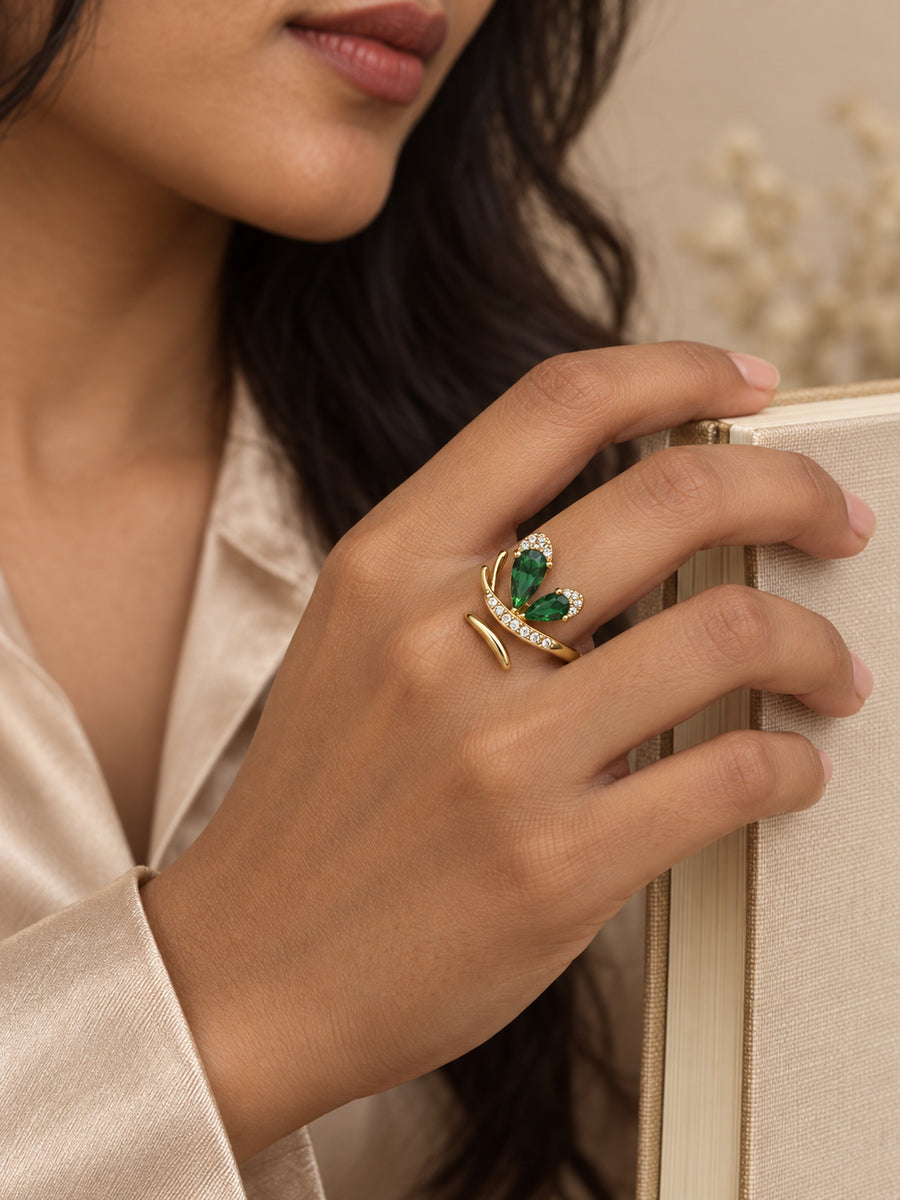 Emerald Dragonfly Statement Ring worn by model