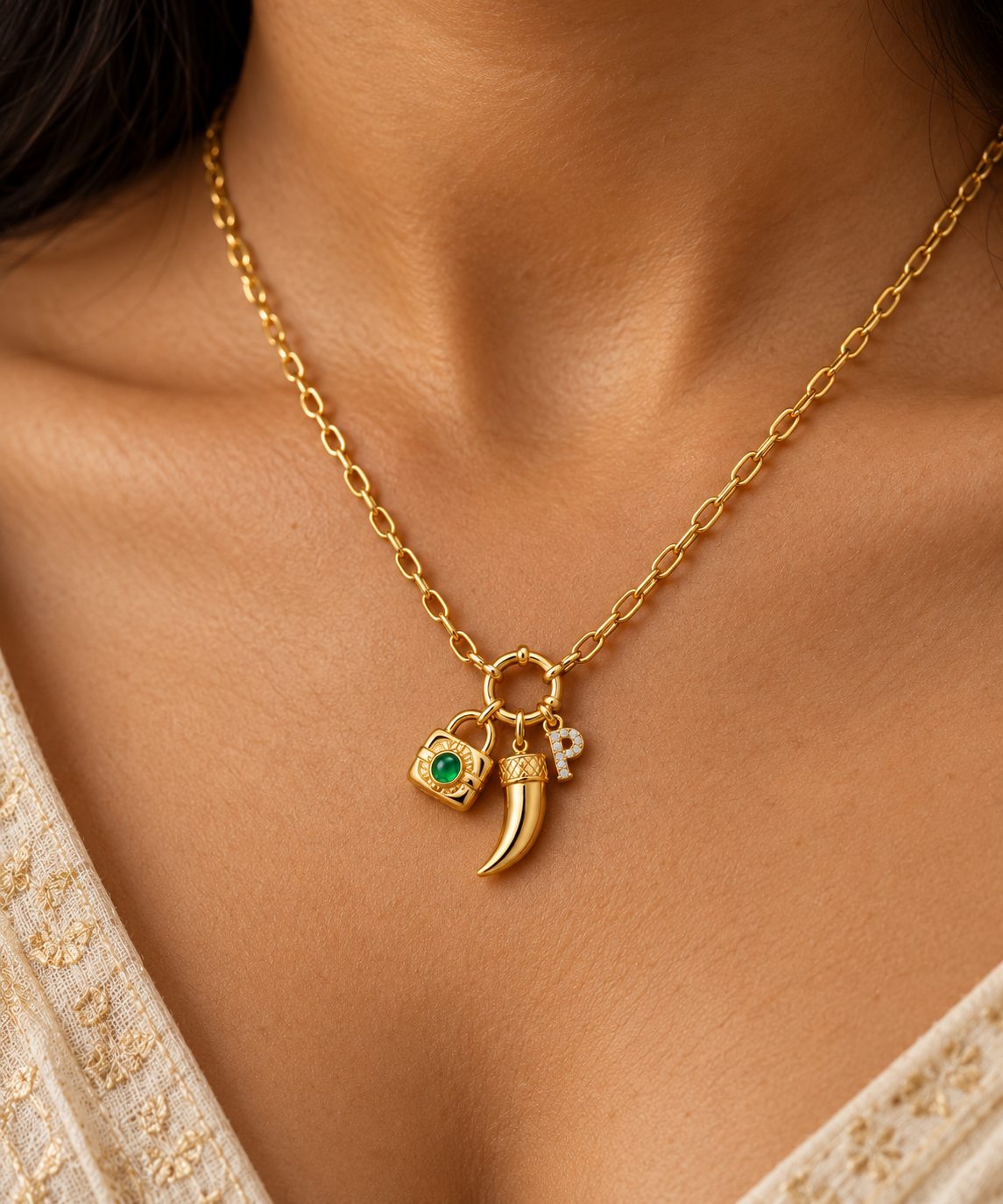 Emerald Lock and Horn Charm Necklace - Macro