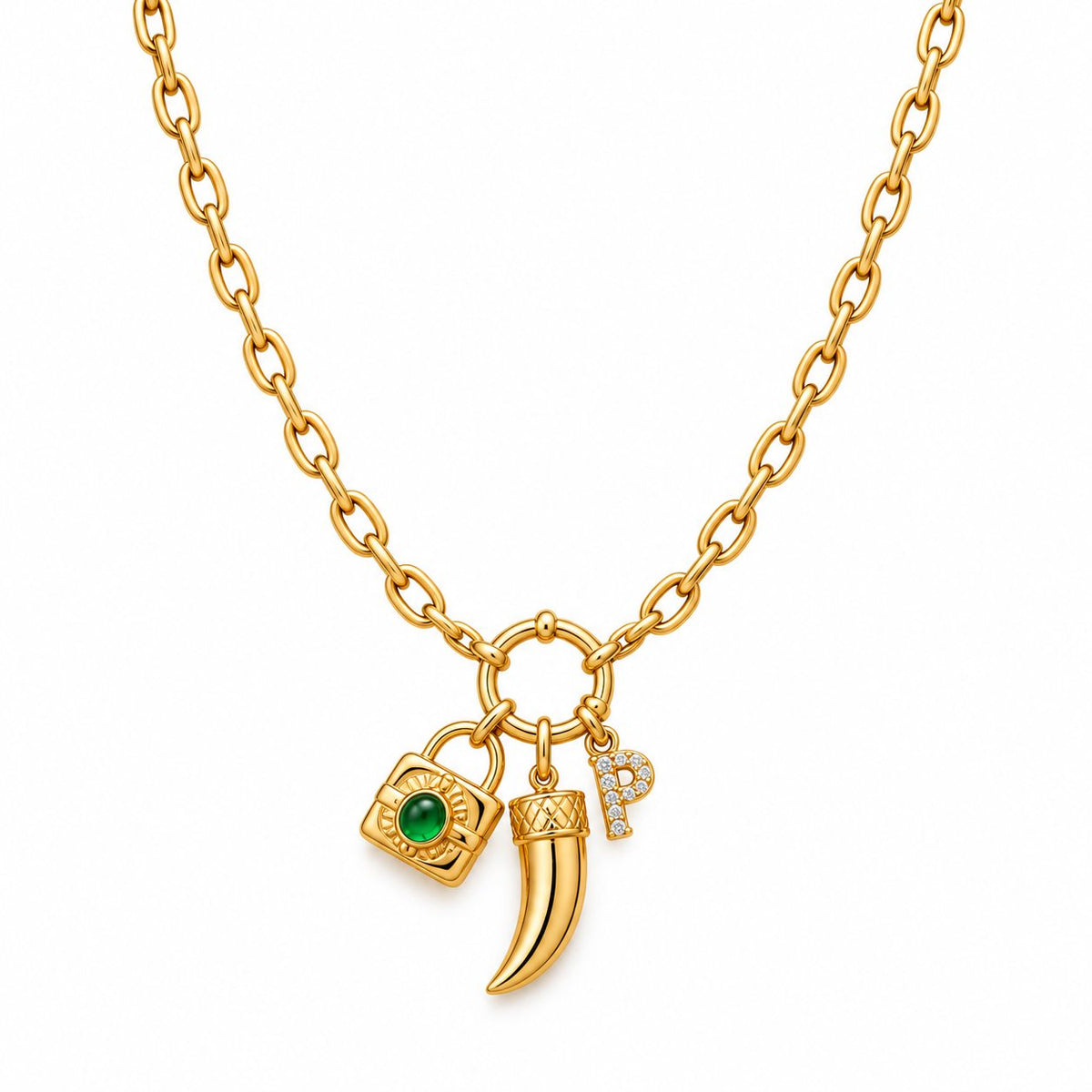 Emerald Lock and Horn Charm Necklace - Main