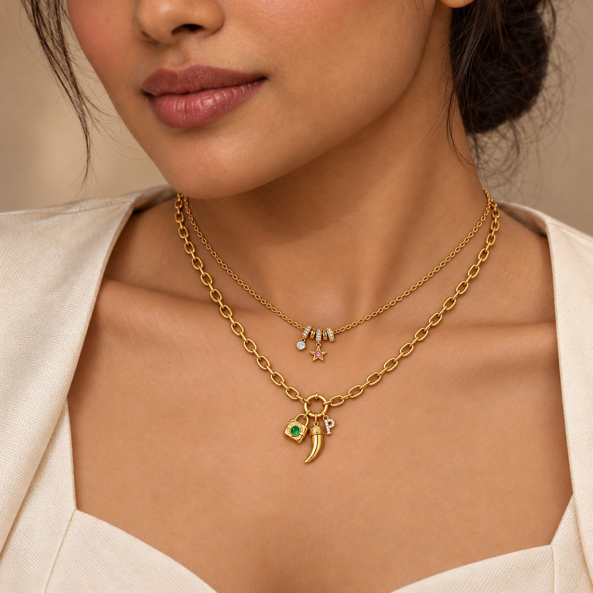 Emerald Lock and Horn Charm Necklace - Stacking