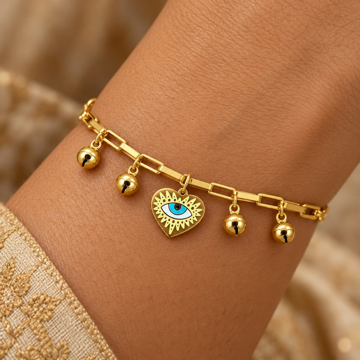 Evil Eye Heart Bell Charm Bracelet - Macro