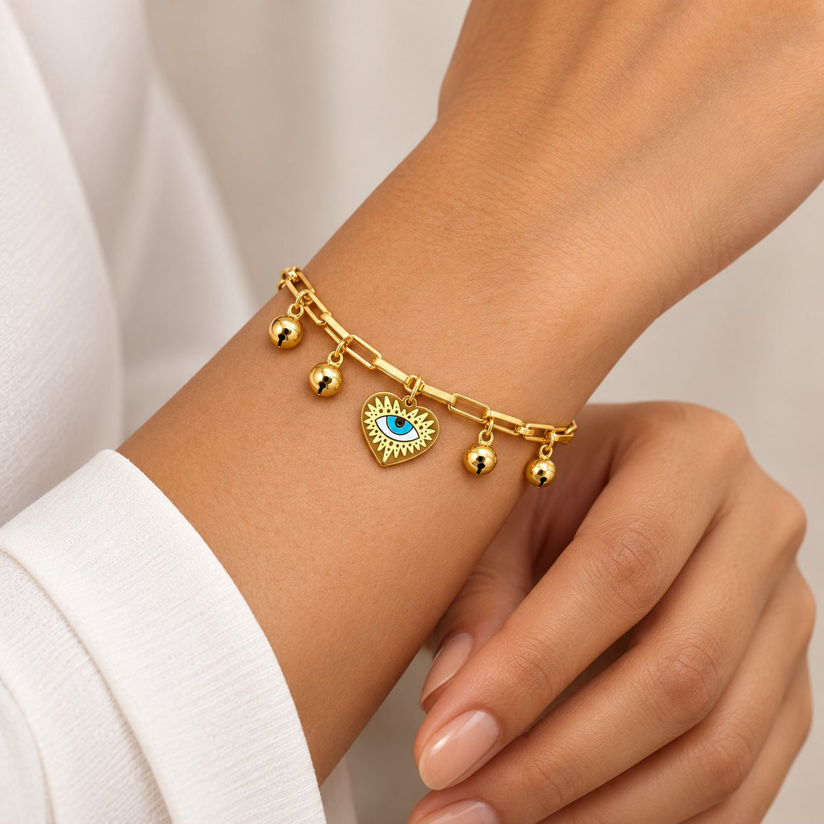 Evil Eye Heart Bell Charm Bracelet - Model