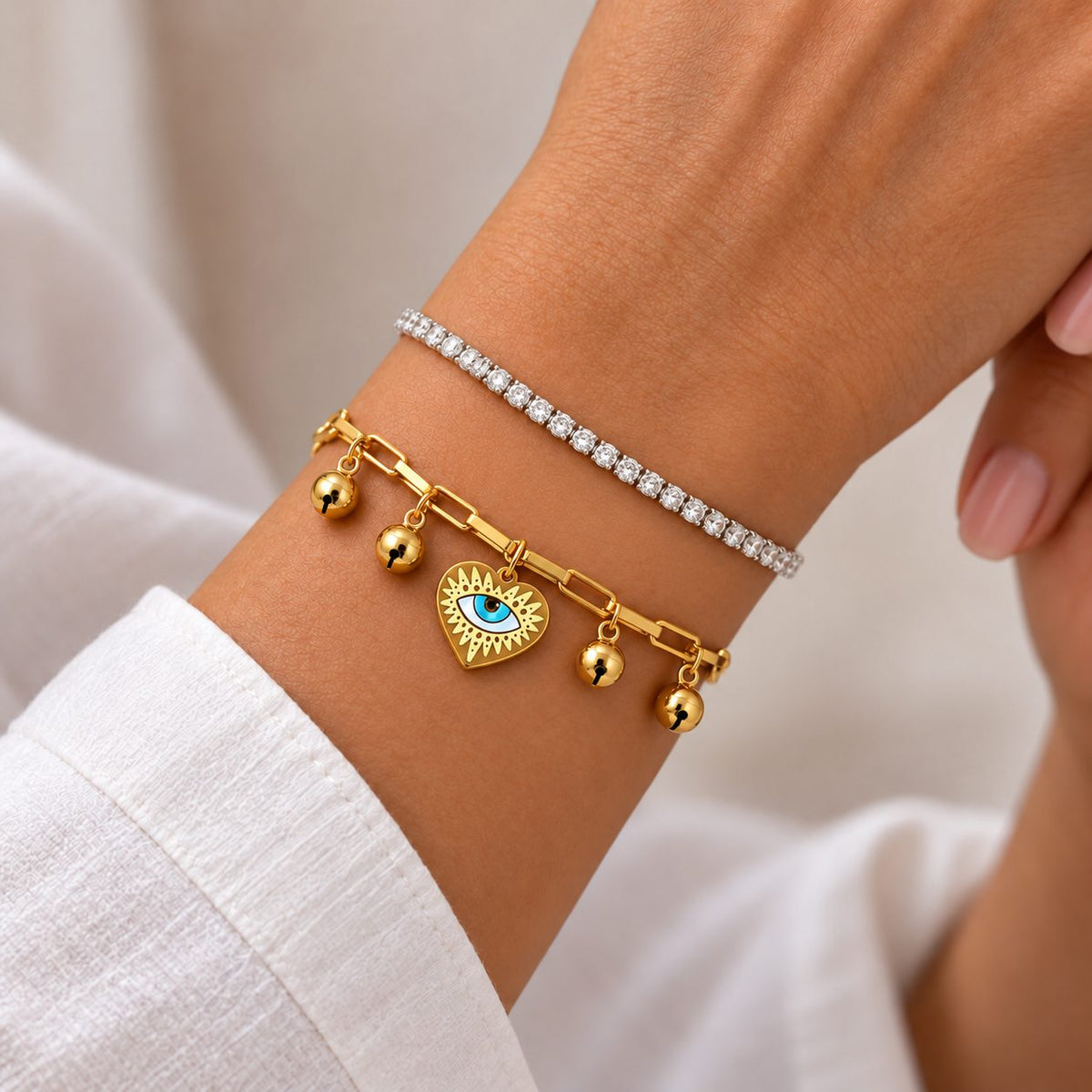 Evil Eye Heart Bell Charm Bracelet - Stacking