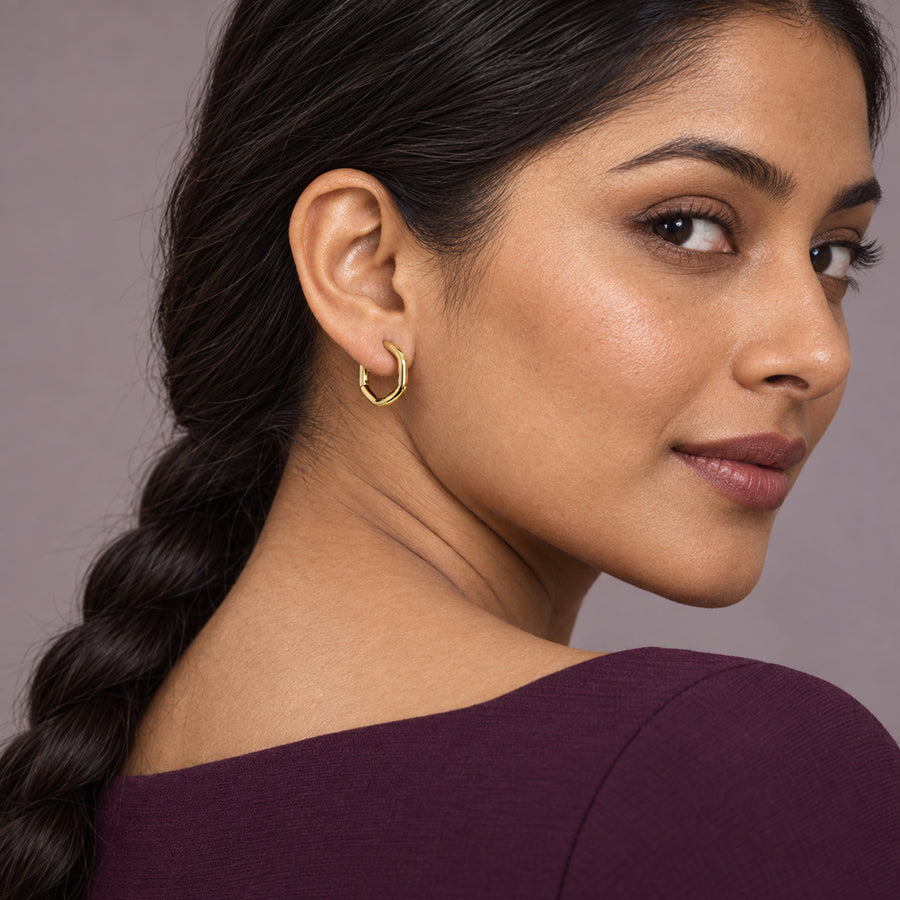 Geometric Octagon Hoop Earrings worn by model