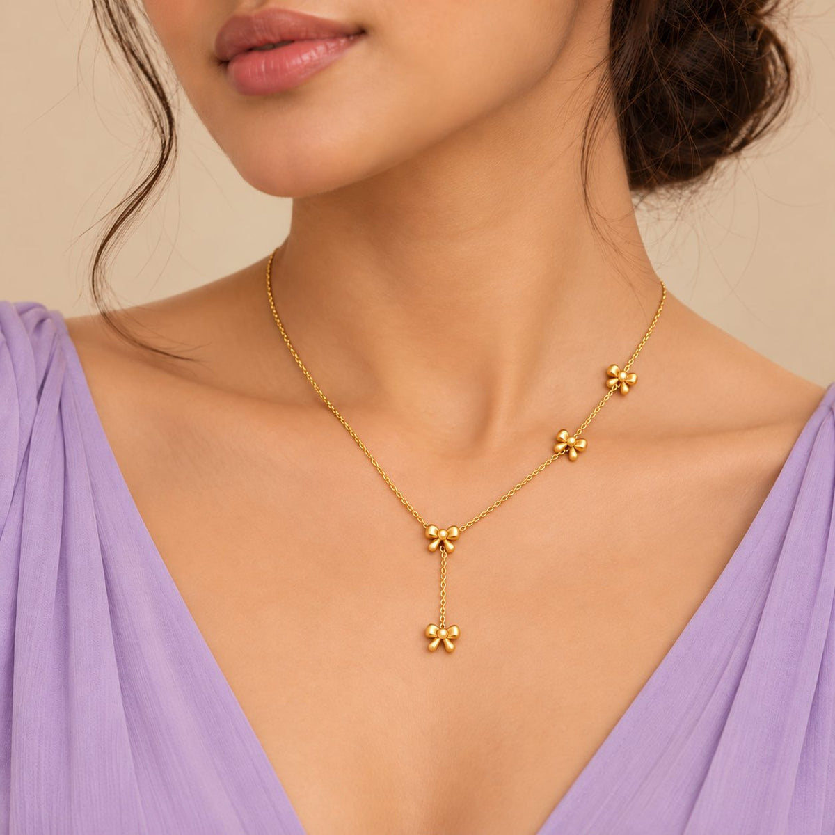 Golden Bow Lariat Necklace - Model