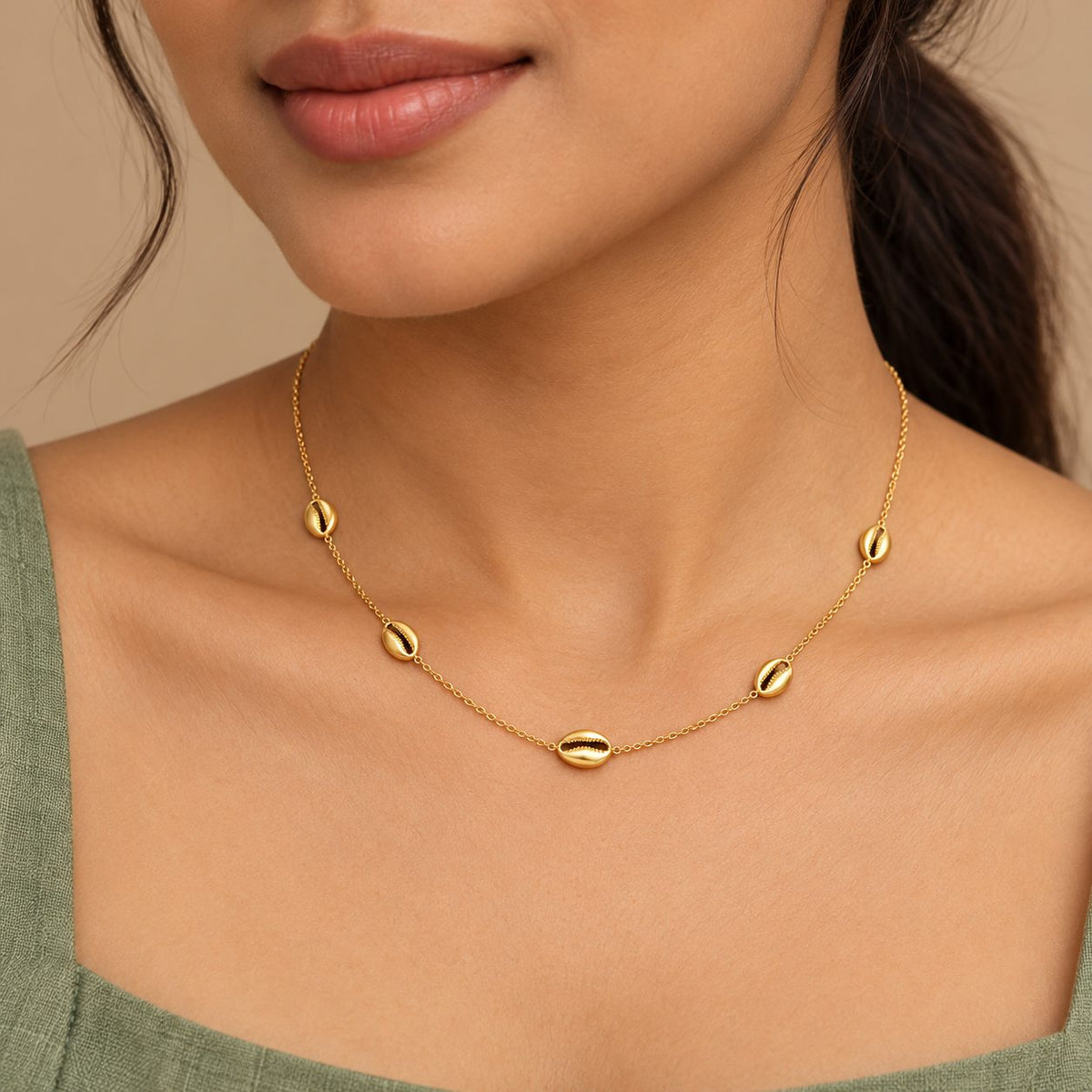 Golden Cowrie Station Necklace - Model