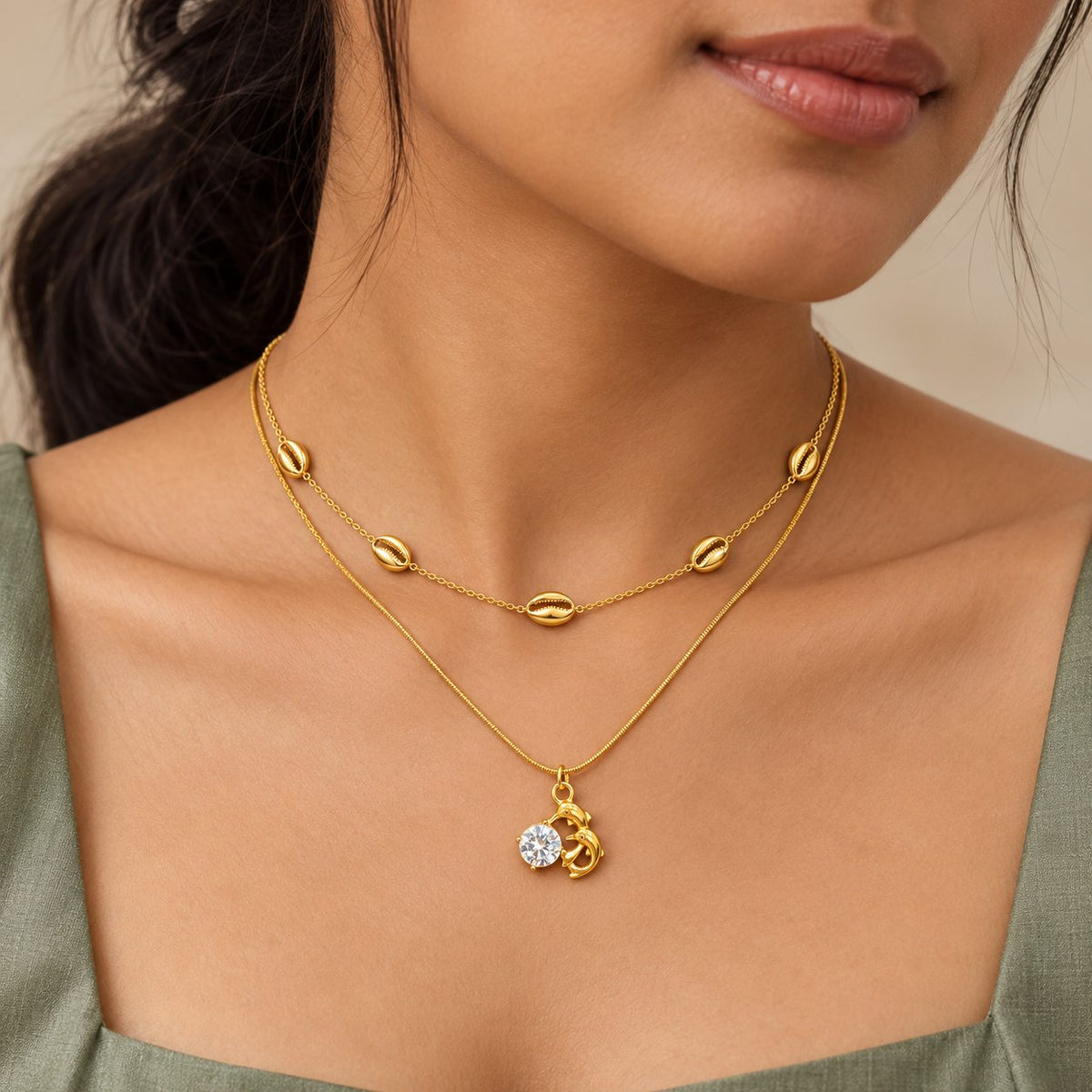 Golden Cowrie Station Necklace - Stacking