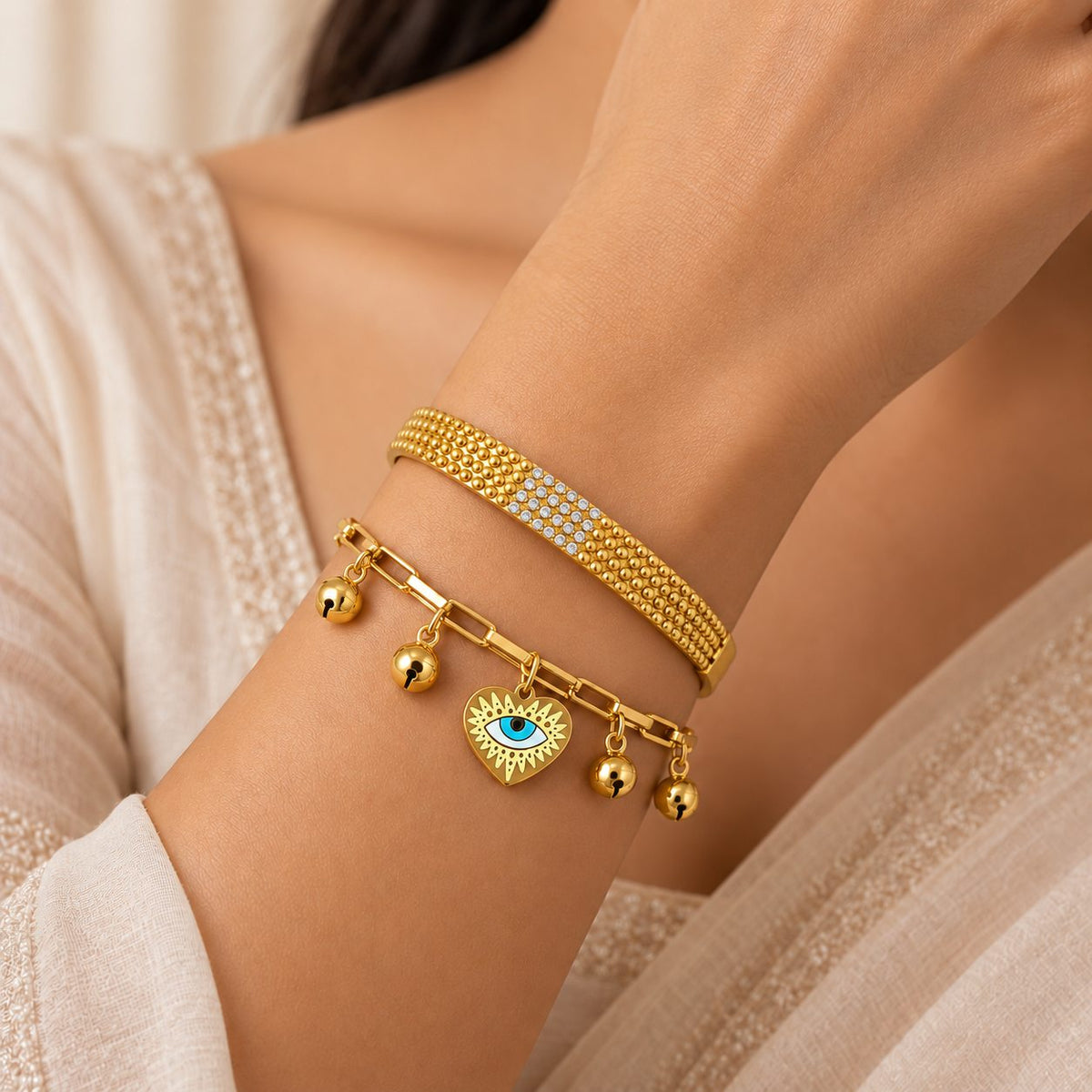Golden Dotted Oval Crystal Bangle - Stacking