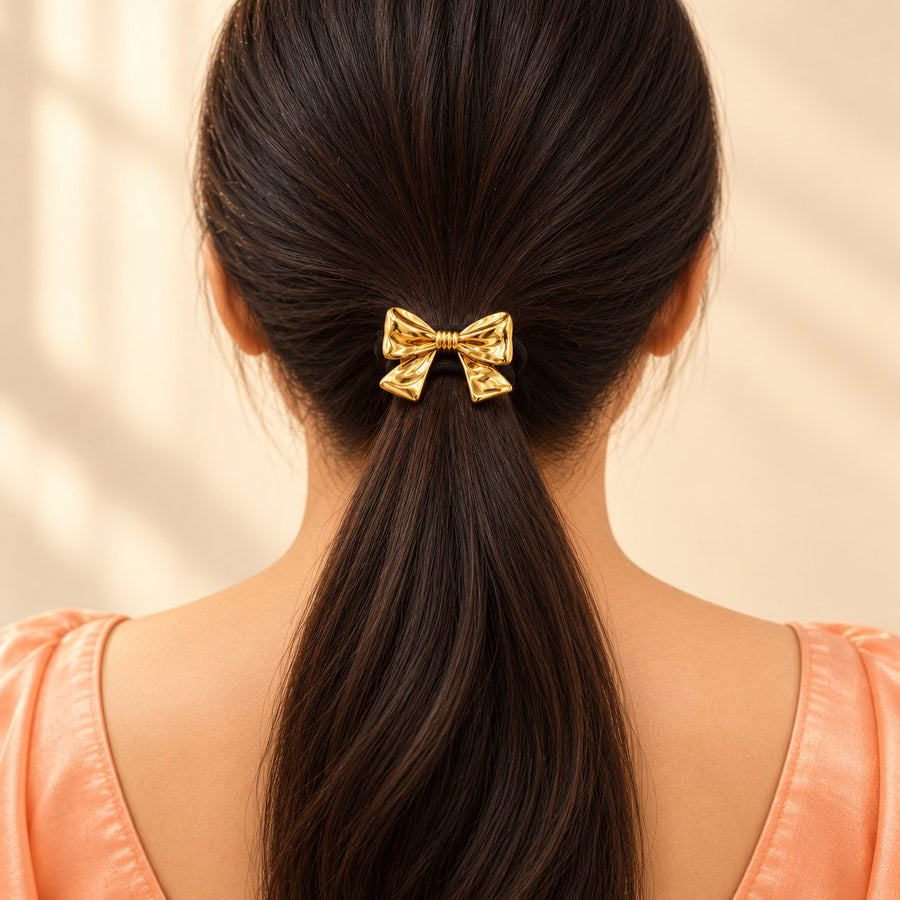 Golden Ribbon Bow Hair Tie - Model