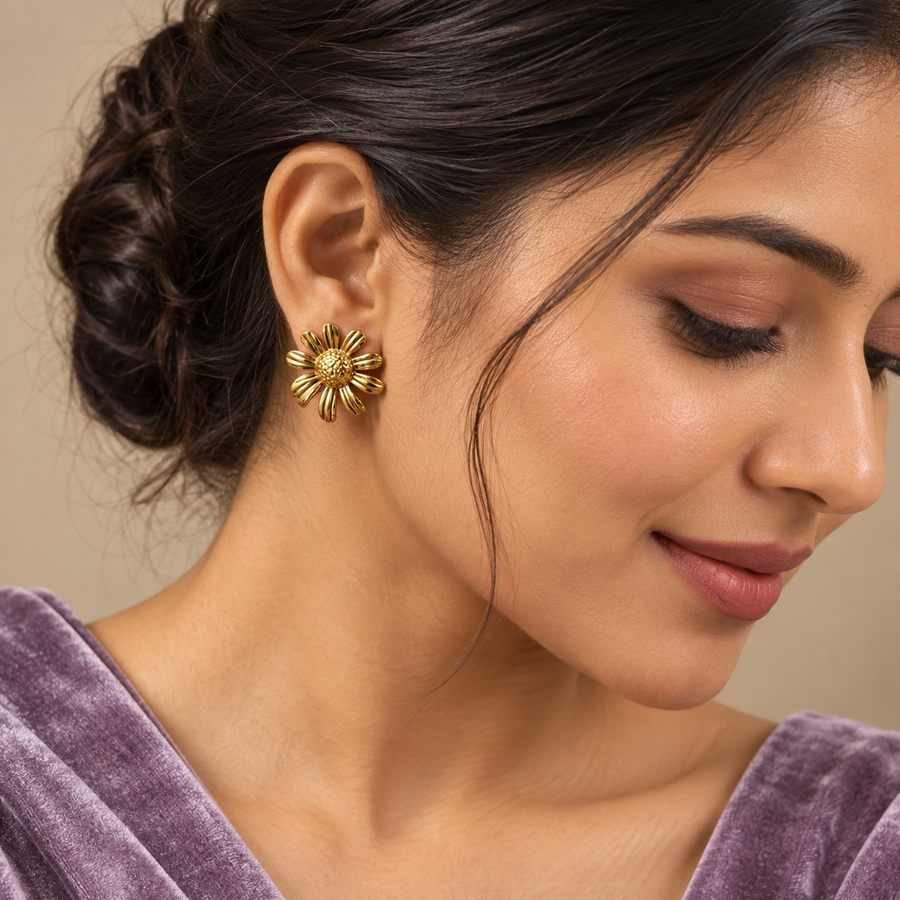 Golden Sunflower Stud Earrings - Model