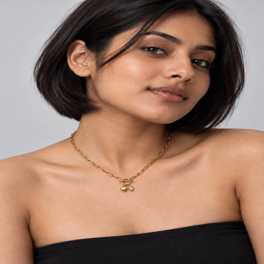 Heart And Crystal Toggle Necklace worn by model