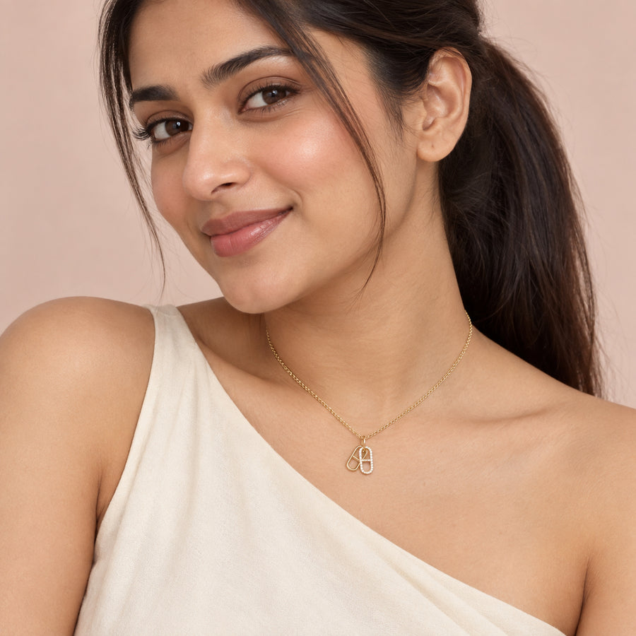 Interlocking Crystal Link Pendant Necklace worn by model