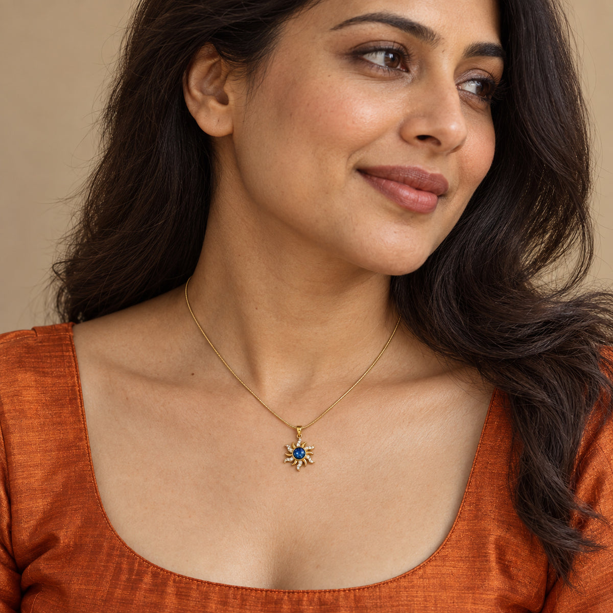 Midnight Blue Sun Pendant Necklace worn by model