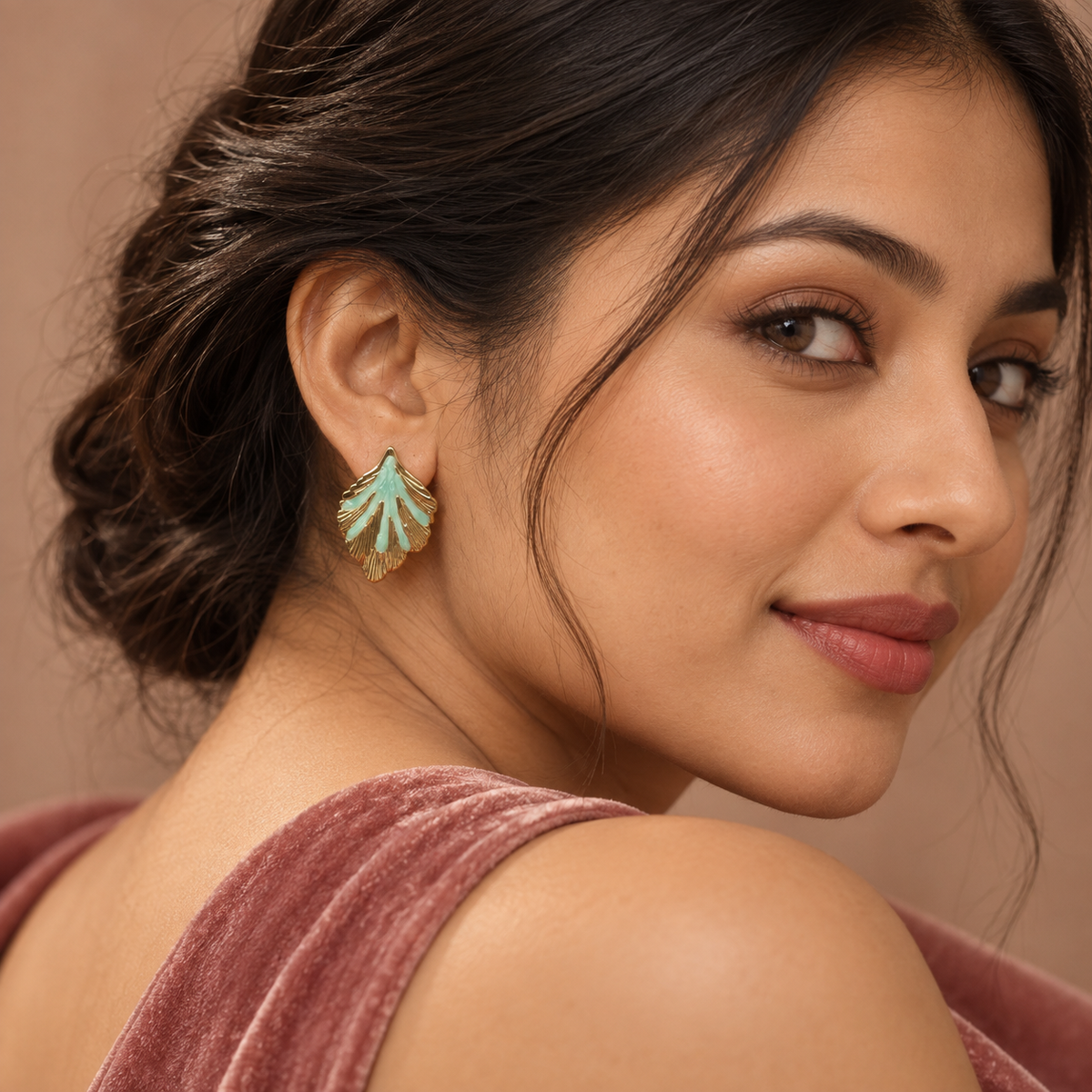 Mint Leaf Stud Earrings - Model