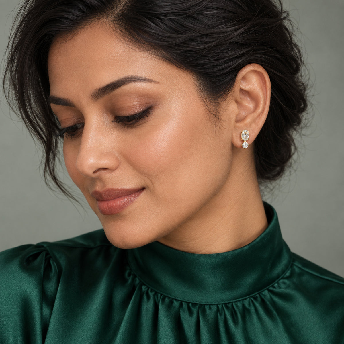 Oval Crystal Duo Drop Earrings worn by model
