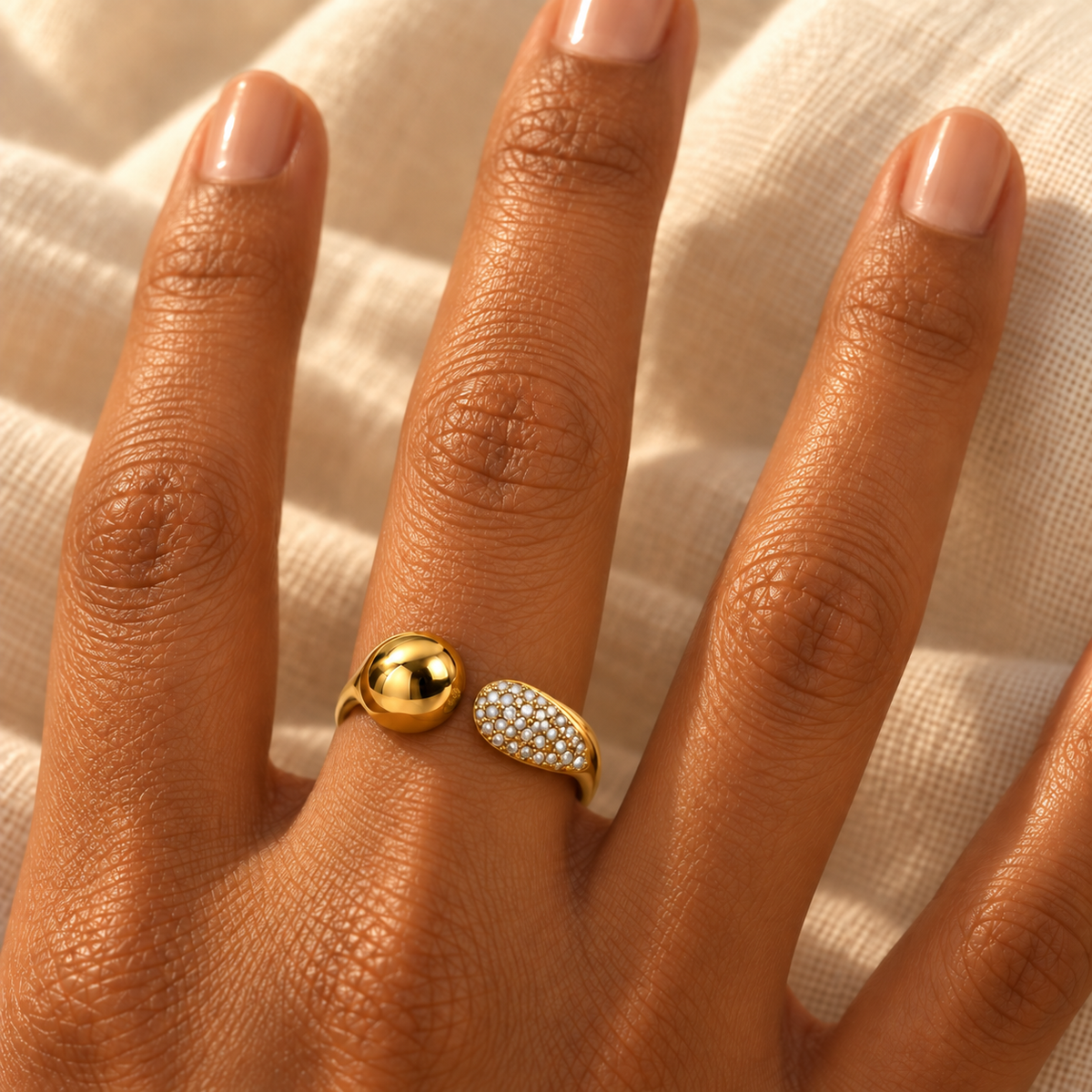 Pavé Sphere Open Ring worn by model in warm sunlight