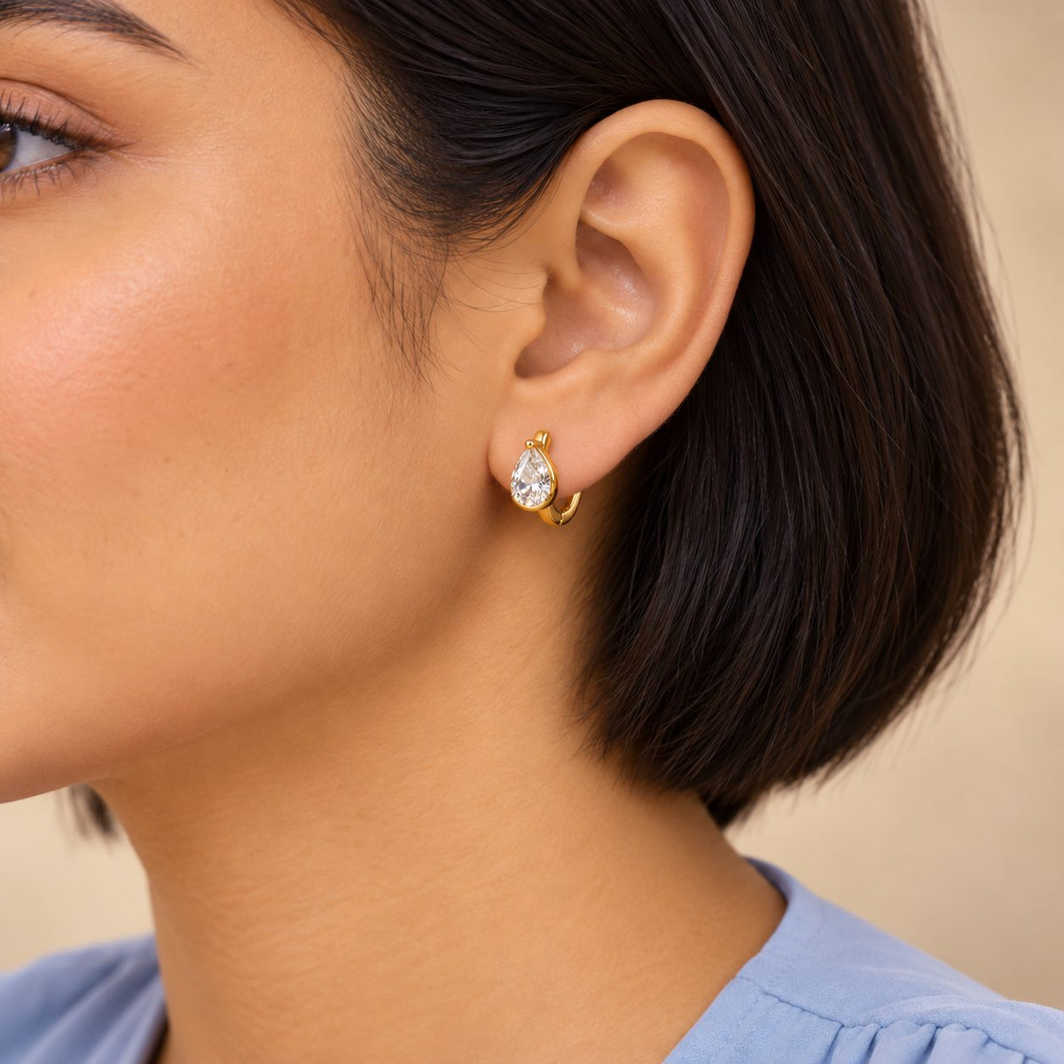 Pear Crystal Huggie Earrings - Model