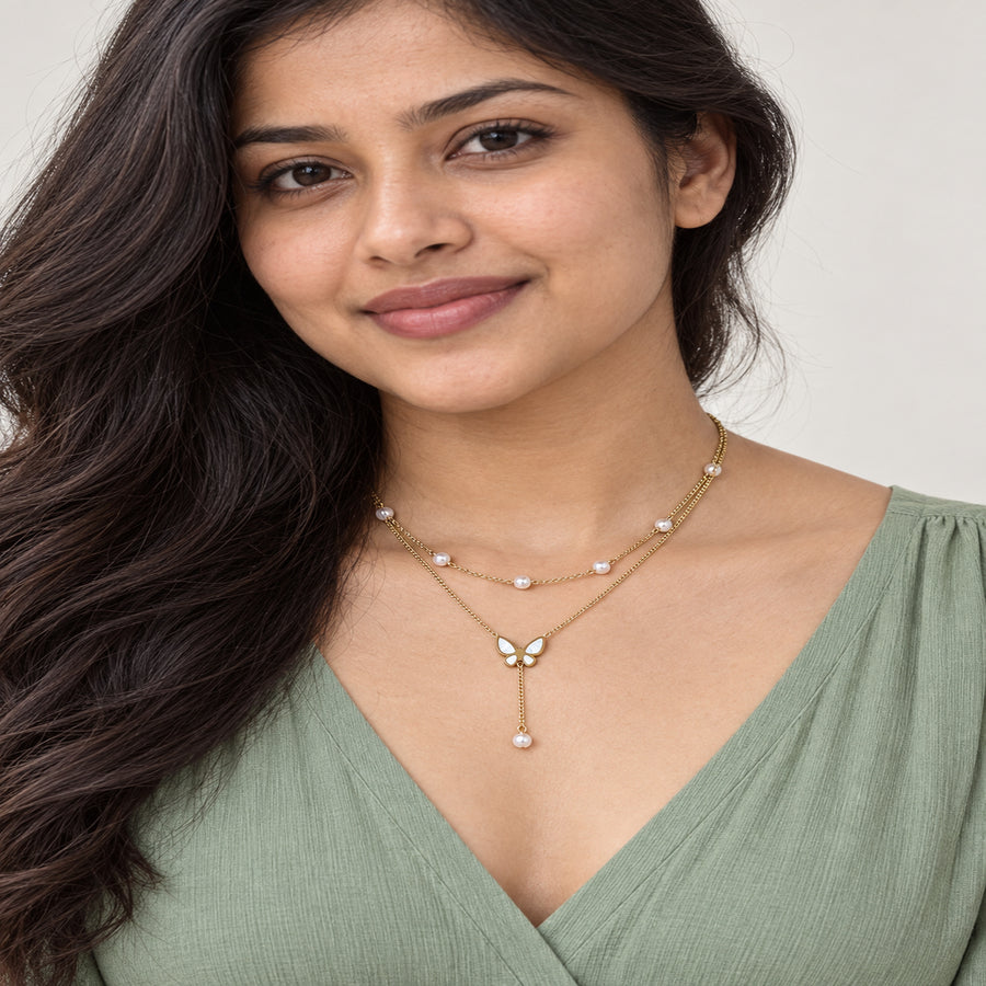 Pearl Butterfly Layered Necklace worn by model