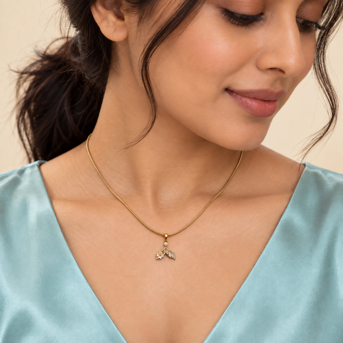 Pearl Crystal Leaf Pendant Necklace worn by model