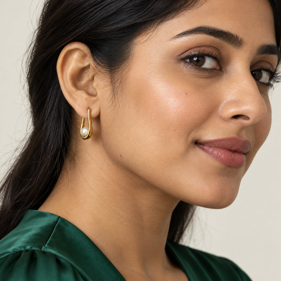 Pearl Drop Open Hoop Earrings model view