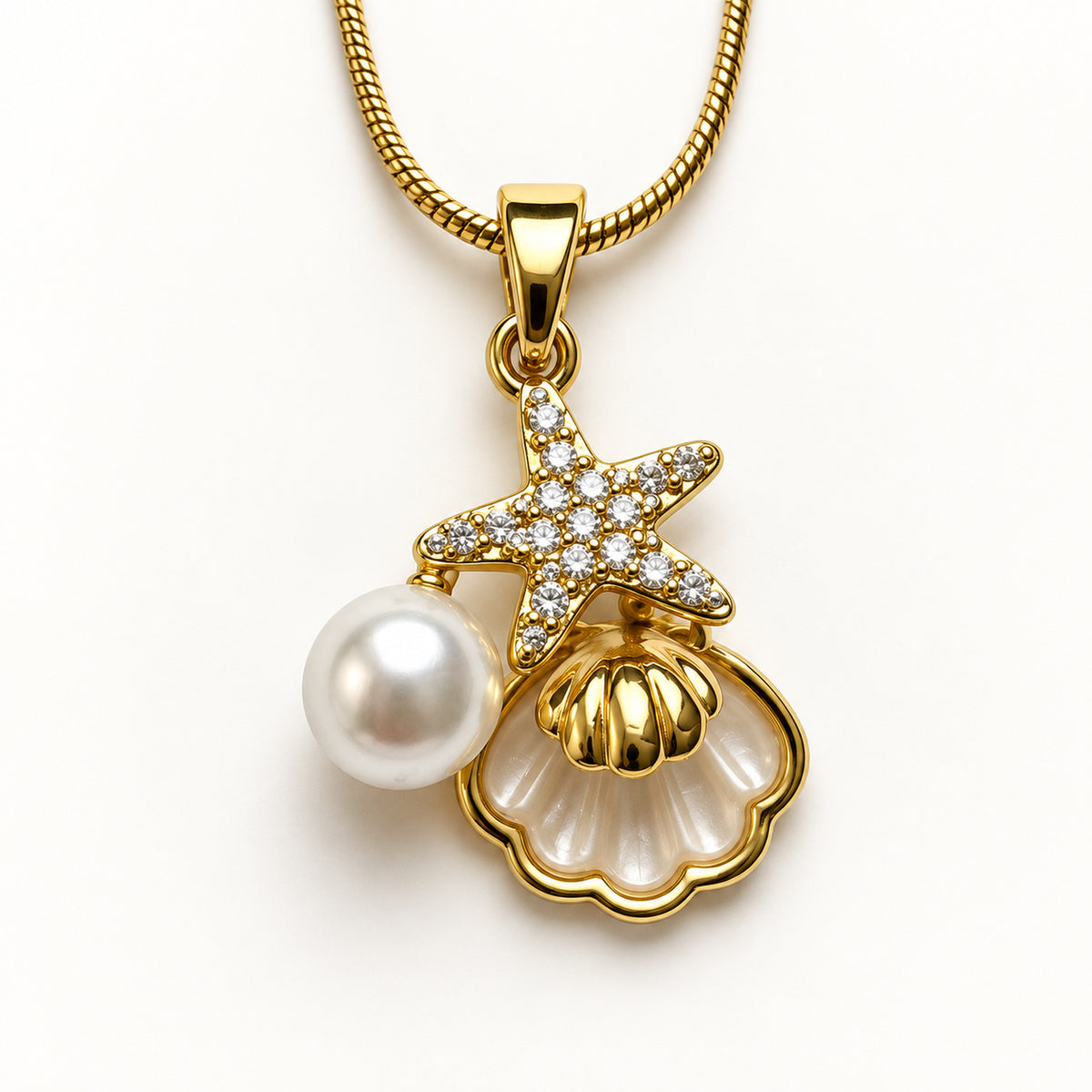 Pearl Seashell Charm Necklace detail view