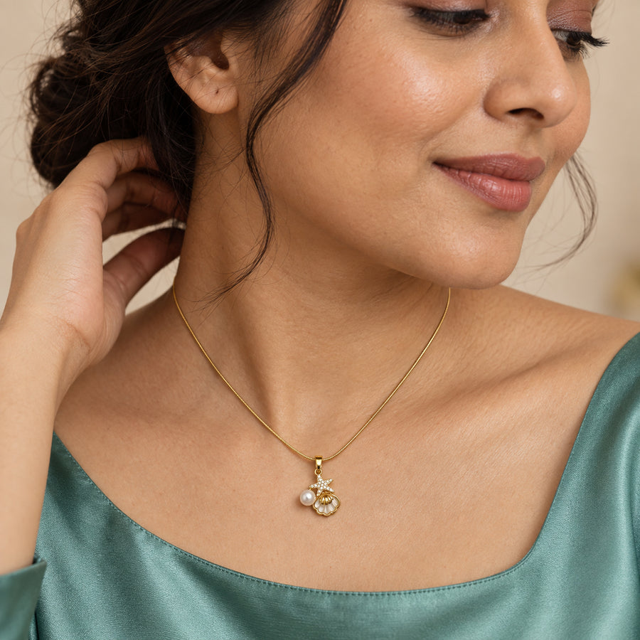 Pearl Seashell Charm Necklace worn by model
