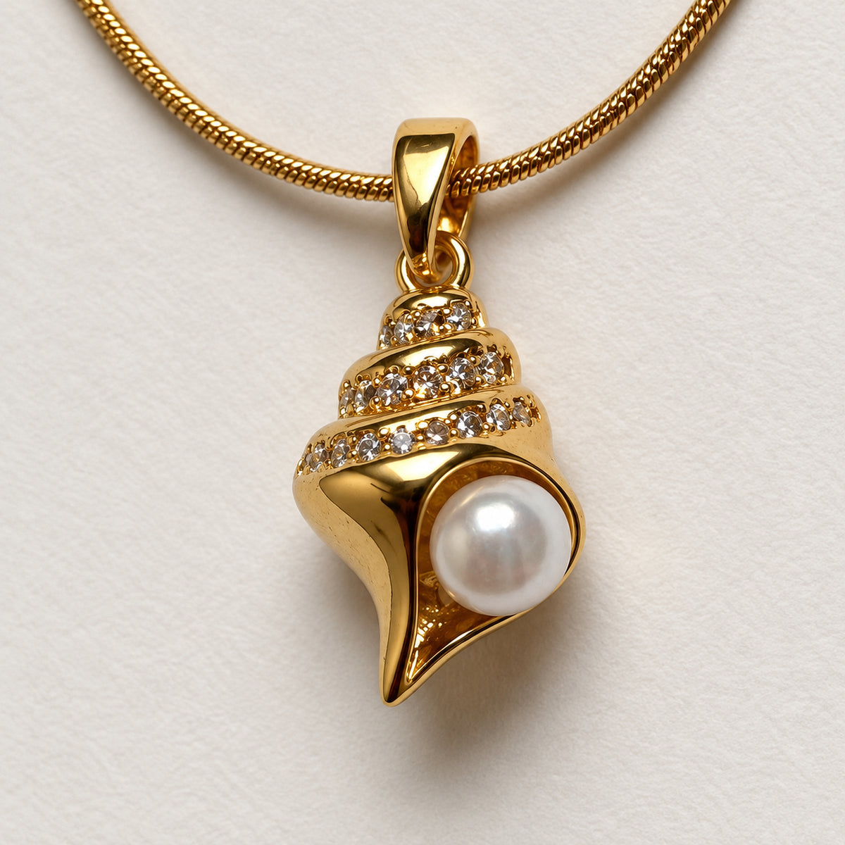 Pearl Spiral Shell Pendant Necklace detail view