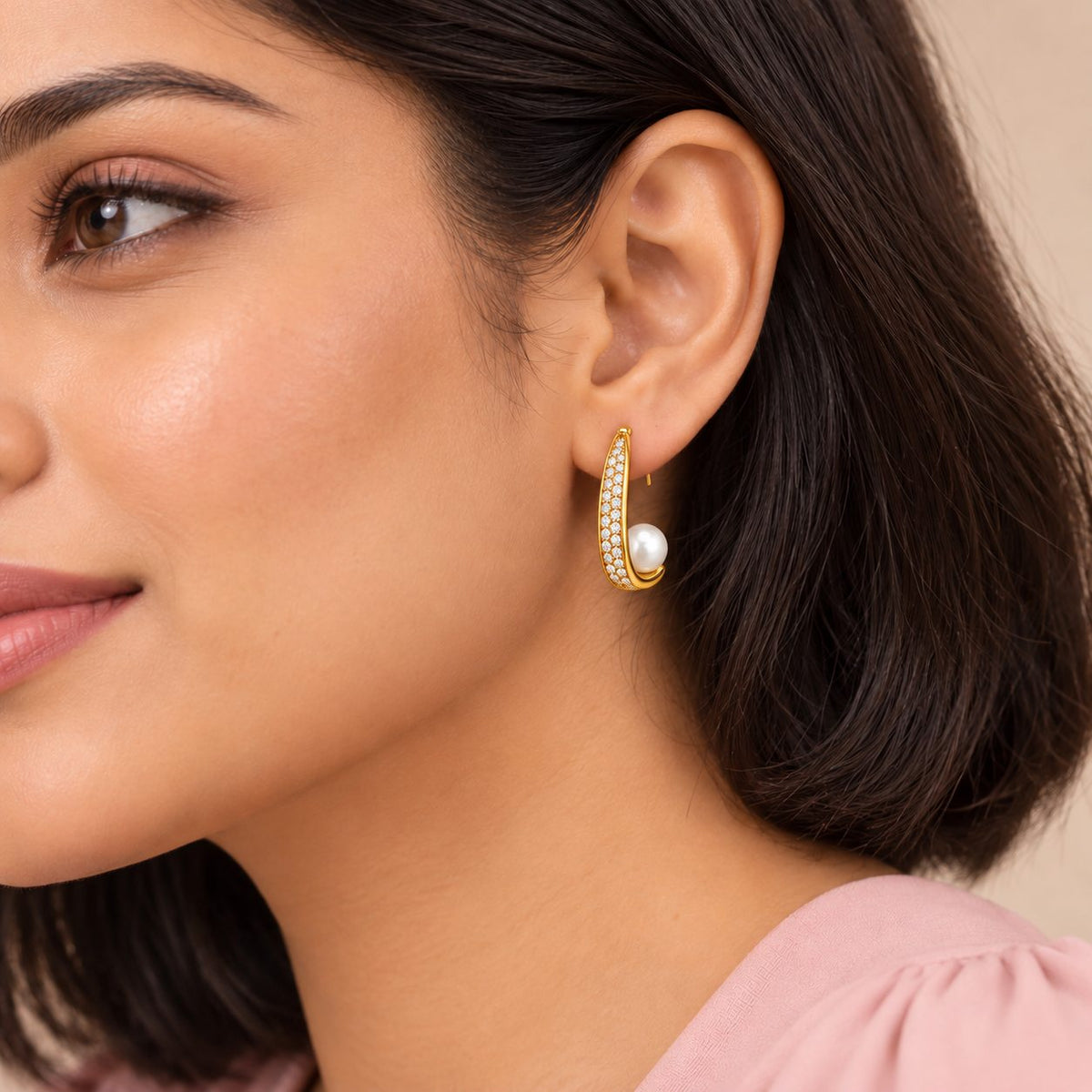 Pearl Tip C-Hoop Earrings - Model