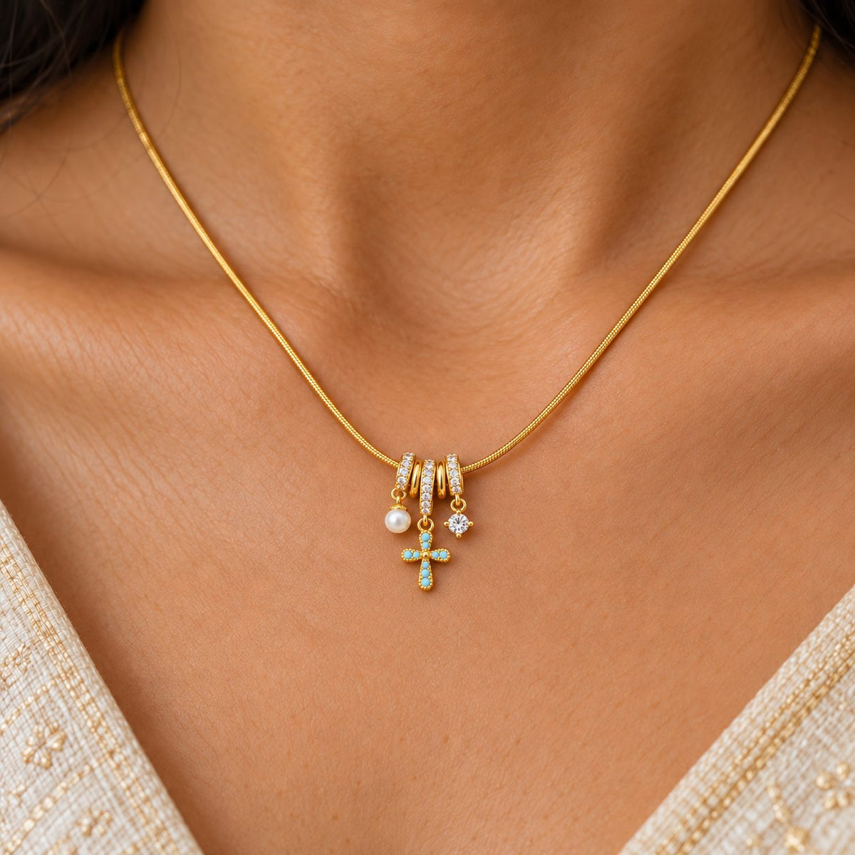 Pearl and Turquoise Cross Charm Necklace - Macro
