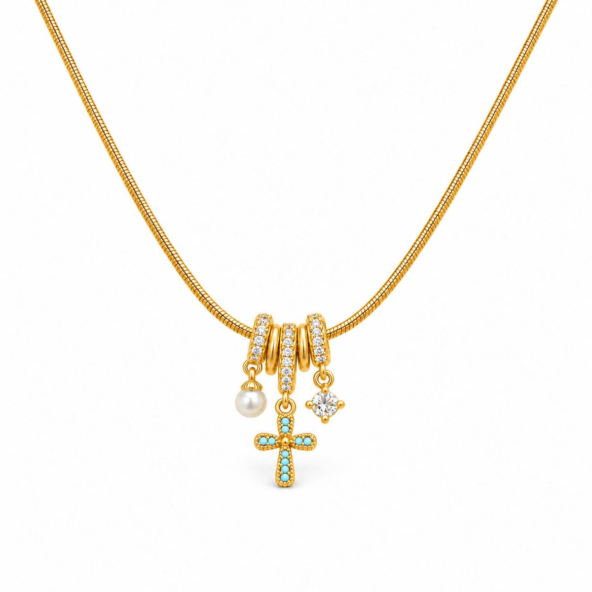 Pearl and Turquoise Cross Charm Necklace - Main