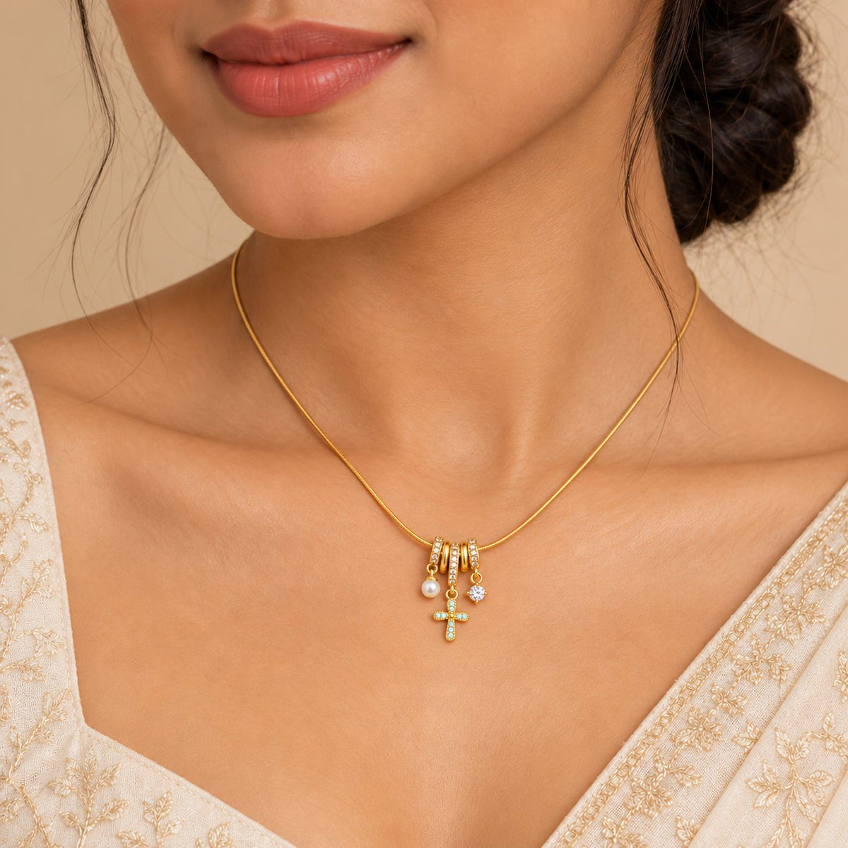 Pearl and Turquoise Cross Charm Necklace - Model