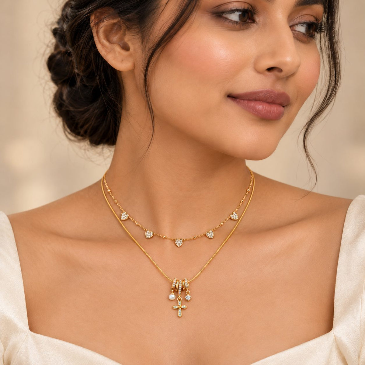 Pearl and Turquoise Cross Charm Necklace - Stacking