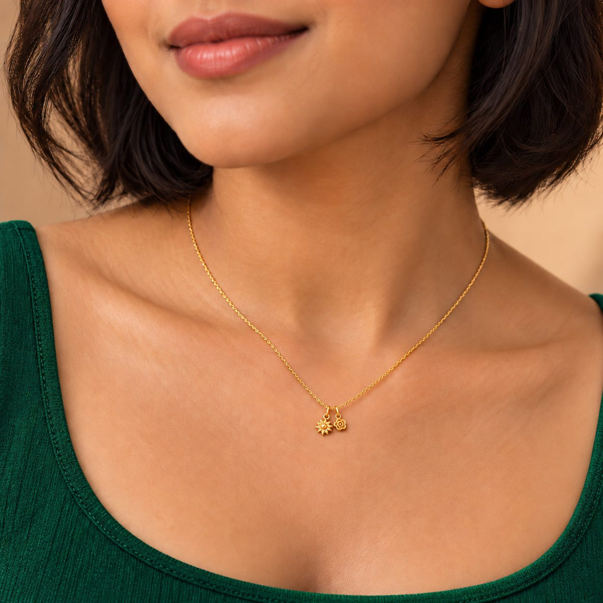 Petite Daisy and Rose Charm Necklace - Model